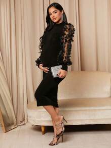 MaterniChic Maternity Contrast Mesh Appliques Bodycon Dress With Long Sleeve, For Party - Black - View 4