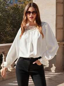 SHEIN Frenchy Của phụ nữ Thêu Vá lại Áo sơ mi - trắng - Xem 4