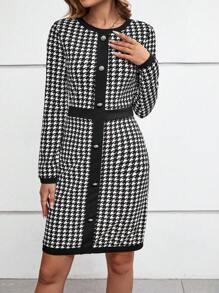 EMERY ROSE In Houndstooth Nút phía trước Đầm - Đen và trắng - Xem 3