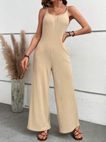 SHEIN VCAY Chất rắn Túi nghiêng Bộ áo liền quần Cami - Màu Khaki - Xem 6