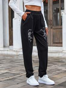 RueChic Skeleton Print Elastic Waist Sweatpants - Black - View 3