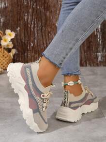 Fall/Winter Women's Casual Sneakers, Pink Lightweight Comfortable Low Top Fashion Platform Trainers, Breathable Sports Shoes For Walking Running Hiking, Non-Slip Lace Up Letters Flats - Pink - View 6