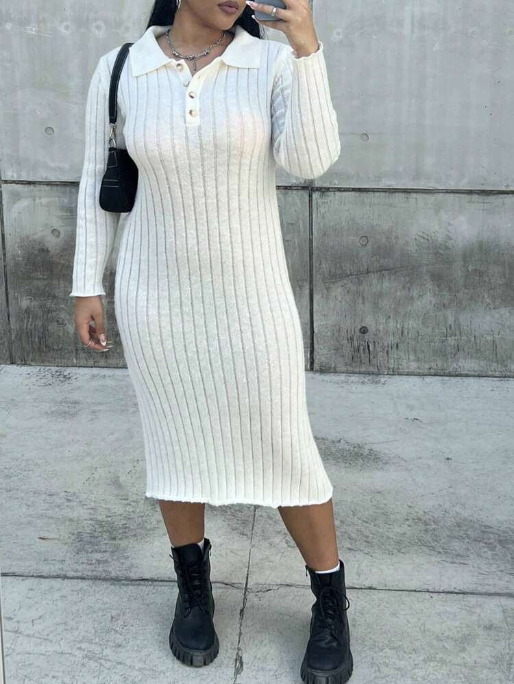 Plus Polo Neck Ribbed Knit Sweater Dress Fall Cloth For Women