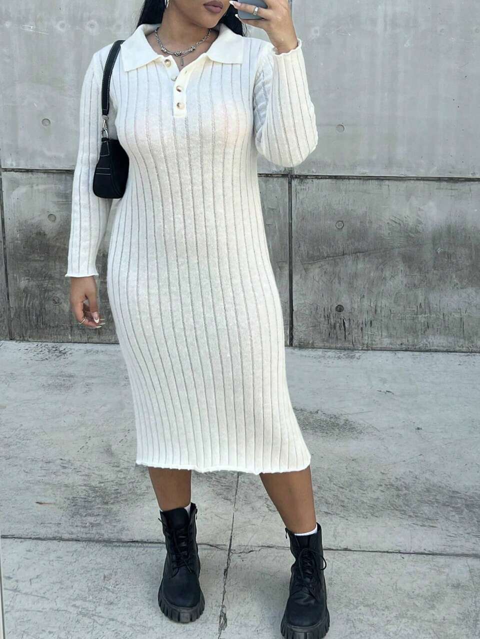 Plus Polo Neck Ribbed Knit Sweater Dress Fall Cloth For Women
