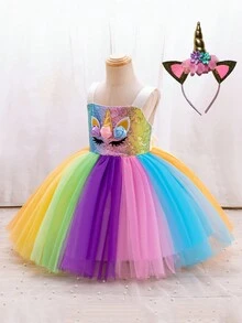 SHEIN Glamorique Kids 女小童亮片拼接卡通圖案漸層網紗邊晚禮服＆ 頭巾