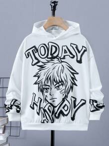 SHEIN 男童休閒連帽套頭針織卫衣,卡通印花圖案 - 白色 - 查看 1