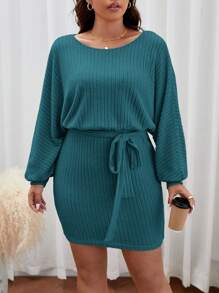 SHEIN Frenchy Plus Batwing Sleeve Belted Dress - Blue - View 6