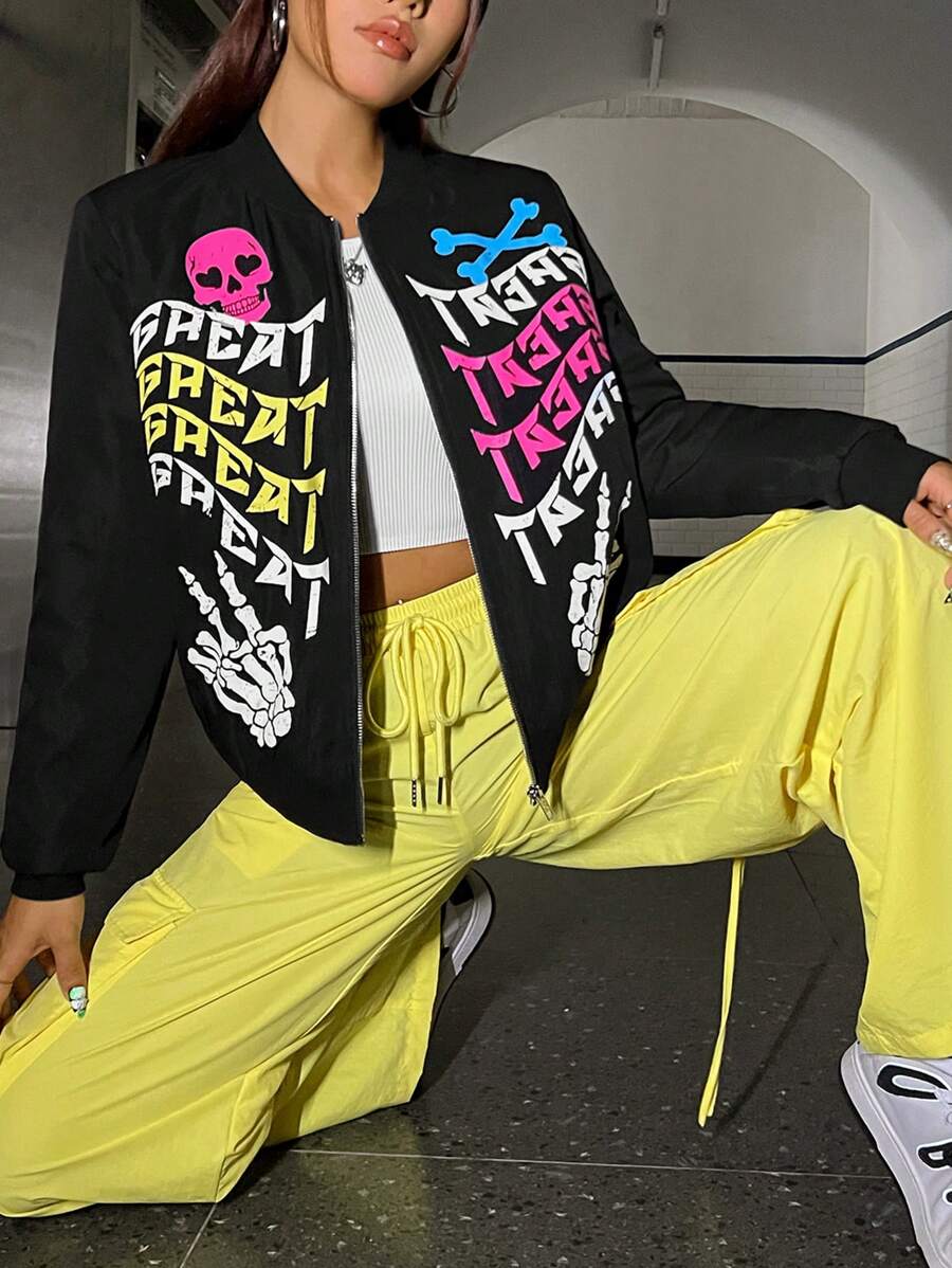 SHEIN EZwear Hình ảnh Skull & chữ cái Dây kéo Áo khoác bomber - màu đen - Xem 1
