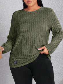 SHEIN EZwear 字母拼接细节罗纹针织 T 恤 - 軍綠色 - 查看 1