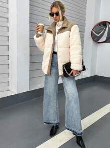 SHEIN Essnce 双色拉链衬垫大衣 - 卡其色 - 查看 5