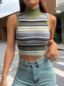 SHEIN EZwear Mẫu sọc Cổ cao Áo đan Crop - xanh quân đội - Xem 5