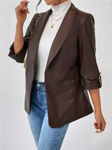 Chiquease 青果領捲邊袖PU皮革西裝外套 - 棕色 - 查看 4