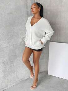 SHEIN SXY Cárdigan casual de una hilera de botones con bolsillo, de manga larga y escote caído para mujer, para otoño/invierno - Blanco - Ver 5