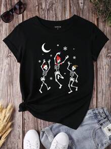 SHEIN EZwear Skeleton And Moon Print Tee - Black - View 1