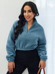 SHEIN LUNE Sudadera corta de franela con cremallera media y hombros caídos para otoño - Neblina azul - Ver 3