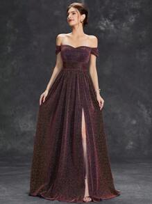 露肩开叉大腿闪光礼服优雅舞会晚会婚礼宾客礼服，适合毕业典礼、晚宴 - 紫色 - 查看 3