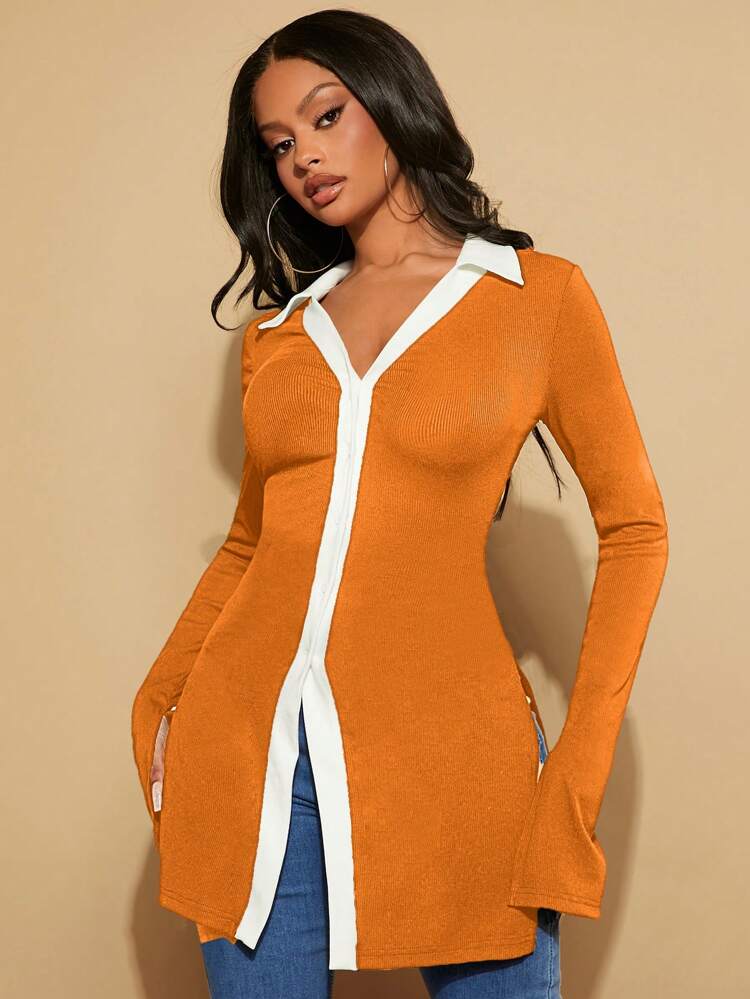 Contrast Trim Split Sleeve Tee