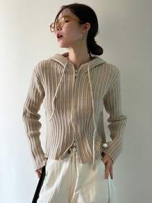 DAZY Đồ đan Ribbed Dây kéo Dây rút áo có mũ Áo len Mở - Màu be - Xem 6