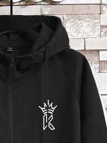 男士字母&皇冠圖案拼接側邊接縫抽繩連帽衫 - 黑色 - 查看 3