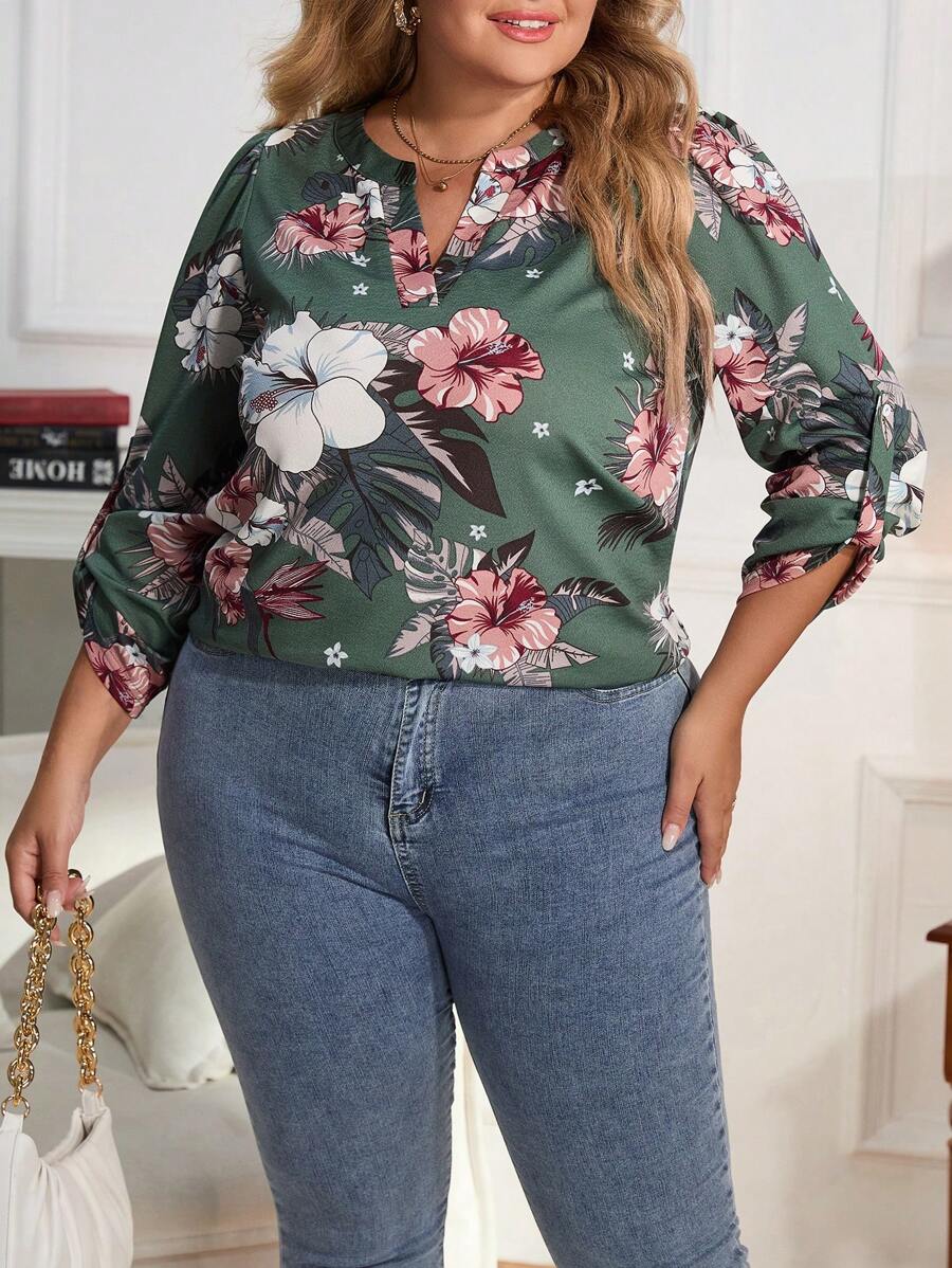 SHEIN LUNE 大碼印花缺口領捲邊袖襯衫 - 軍綠色 - 查看 1