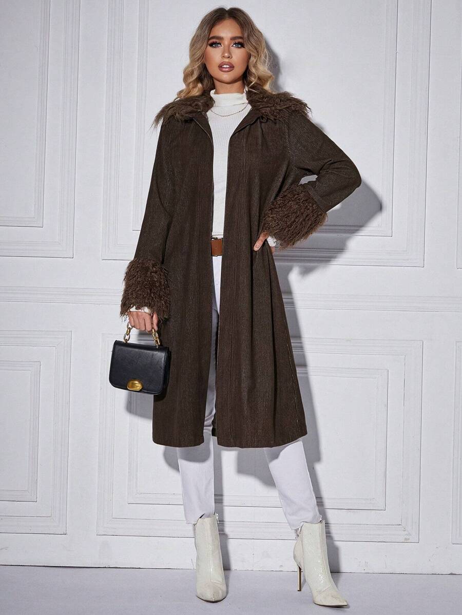 SHEIN Clasi Fuzzy Trim Open Front Coat - Coffee Brown - View 1