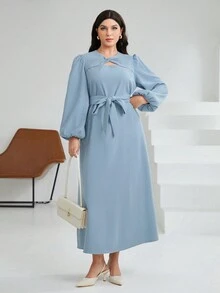 Mulvari 大碼燈籠袖鏤空繫腰帶洋裝 - 藍色 - 查看 4