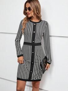 EMERY ROSE In Houndstooth Nút phía trước Đầm - Đen và trắng - Xem 1