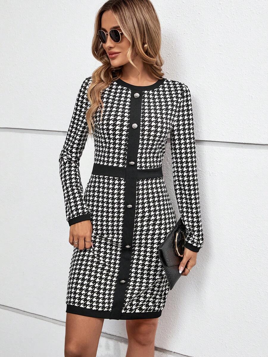EMERY ROSE In Houndstooth Nút phía trước Đầm - Đen và trắng - Xem 1
