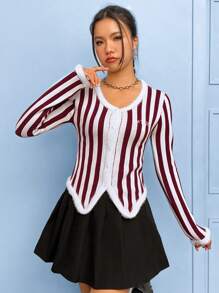 SHEIN EZwear Mẫu sọc Trang trí Fuzzy Nút phía trước Áo len Mở - Đỏ và trắng - Xem 5