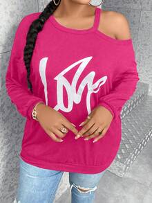 SHEIN LUNE Plus Letter Graphic Asymmetrical Neck Drop Shoulder Sweatshirt - Hot Pink - View 6