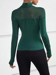SHEIN Privé Contrast Mesh Mock Neck Tee - Dark Green - View 2
