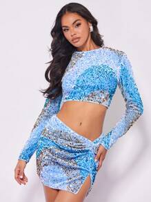 SHEIN BAE Navidad Top crop con lentejuelas & Falda bajo con abertura girante lateral