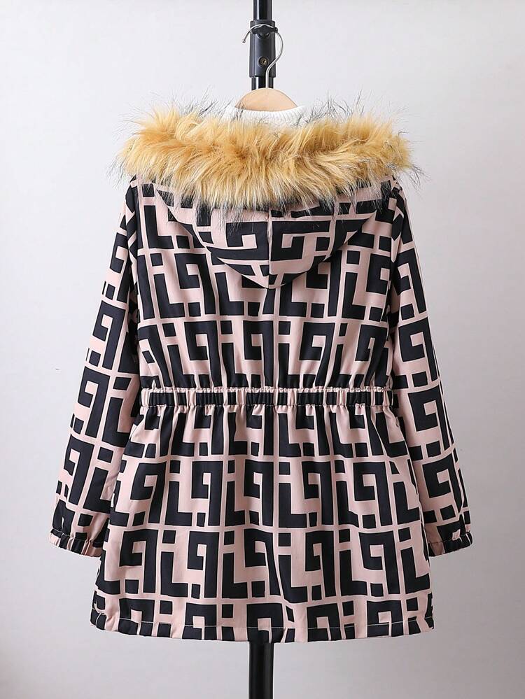 Tween Girl Allover Print Fuzzy Trim Hooded Thermal Lined Coat Without Sweater
