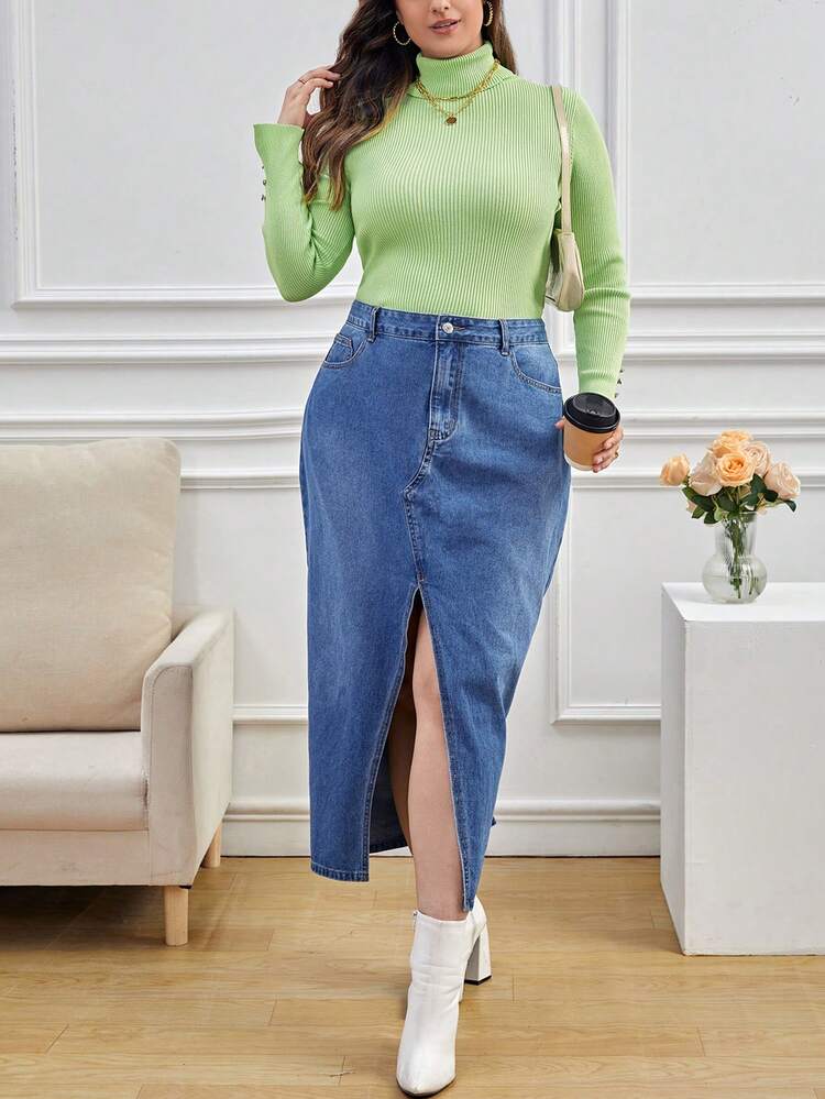Women'S Plus Size Green Turtleneck Sweater Pullover