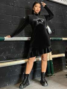 SHEIN EZwear 大碼水鑽星星圖案小高領荷葉邊絲絨洋裝 - 黑色 - 查看 4