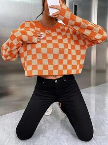 SHEIN Unity 女式休闲格纹宽松落肩毛衣，秋冬 - 彩色 - 查看 5