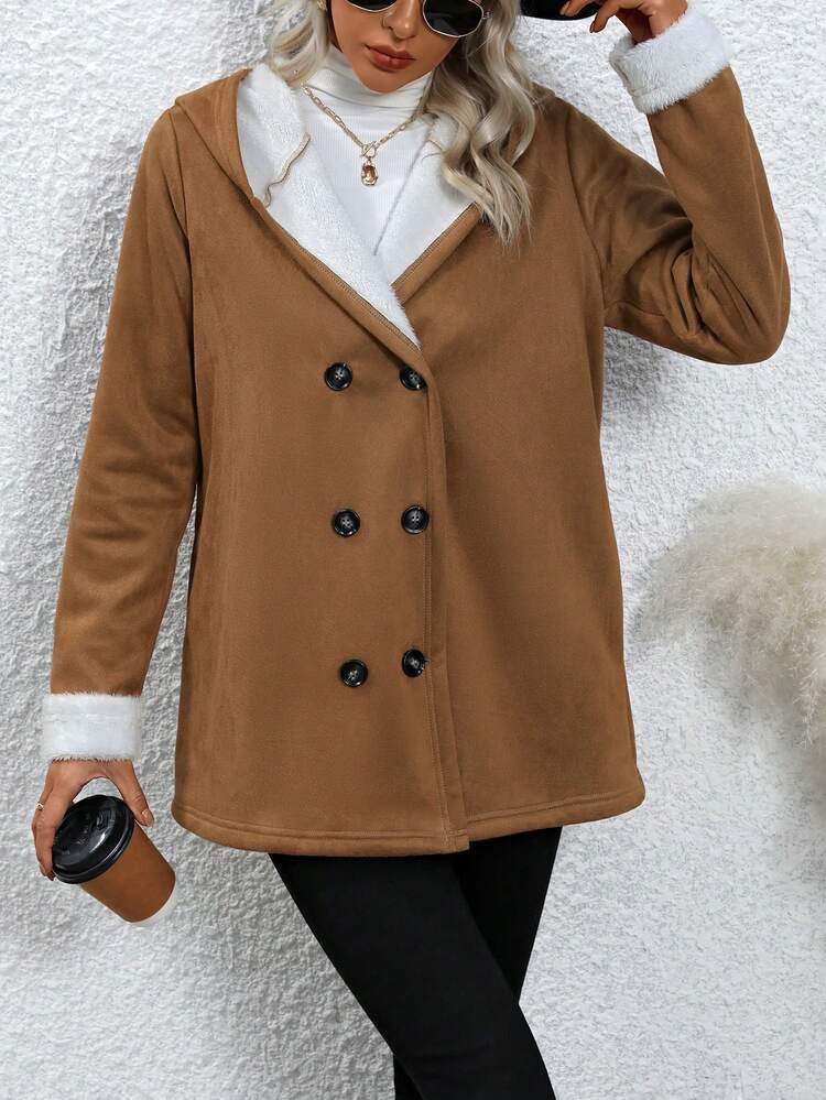 Double Breasted Teddy Lined Hooded Coat