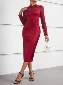 SHEIN Privé 蕾絲拼接小高領緊身洋裝 - 酒紅色 - 查看 1