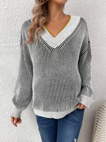 SHEIN Maternity Striped Pattern Contrast Trim Drop Shoulder Sweater, For Winter - Black and White - View 2