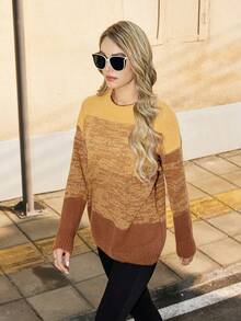 GENKIRA Colorblock Drop Shoulder Knit Pullover Fall Winter Sweater - Multicolor - View 3