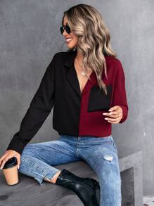 SHEIN LUNE Two Tone Drop Shoulder Patched Pocket Shirt - Burgundy - View 6