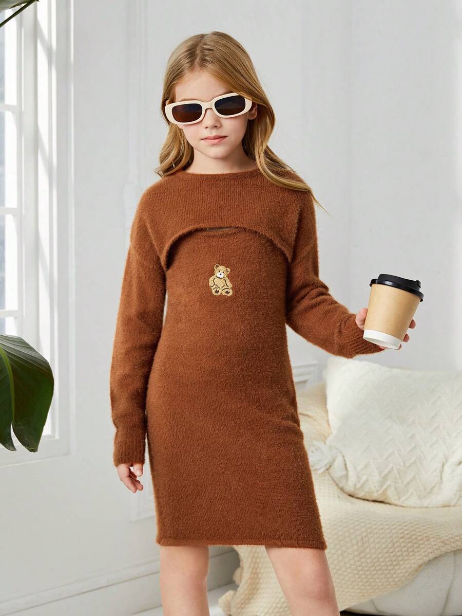 SHEIN Tween Girl Bear Embroidery Cami Sweater Dress & Super Crop Top