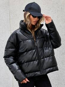 女士纯色 PU 皮革拉链领短款休闲棉衣冬季 - 黑色 - 查看 5