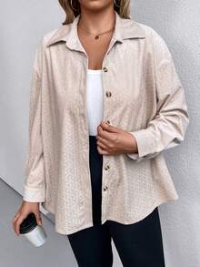 SHEIN LUNE 大碼提花落肩袖襯衫 - 杏色 - 查看 4