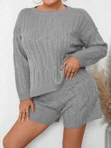 Calvaya Plus Cable Knit Drop Shoulder Sweater & Knit Shorts Fall Cloth For Women - Grey - View 3