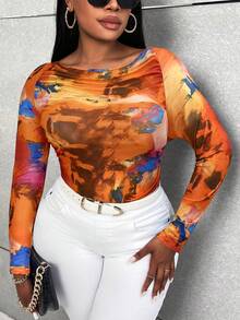 Maweii 大碼紮染褶邊網紗上衣 - 橘色 - 查看 6