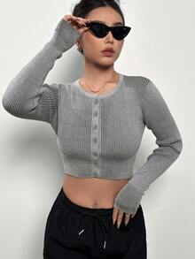 SHEIN EZwear Đồ đan Ribbed Nút phía trước Cắt sửa áo lông cừu - Xám - Xem 3