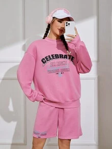 SHEIN EZwear 字母圖案落肩袖運動衫和短褲 - 粉色 - 查看 2