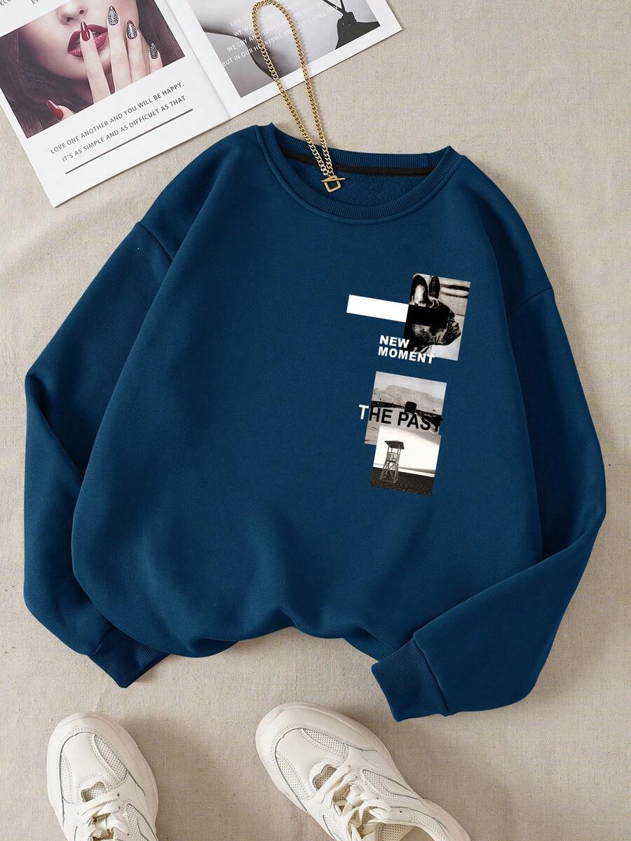 SHEIN EZwear 女士印花藍色圓領常規適合的運動衫 - 藏蓝色 - 查看 1