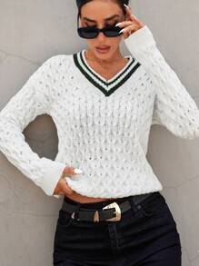 RueChic Pull À Ourlet À Rayures En Tricot Torsadé Épaule tombante